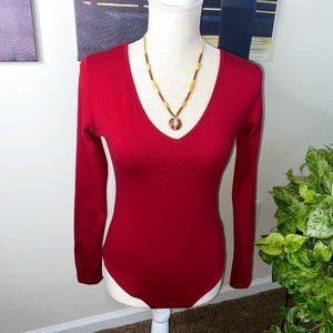 Mangdiup Maroon V Neck Retro Thick Onepiece Fitted Body Suit Jump Suit Leotard